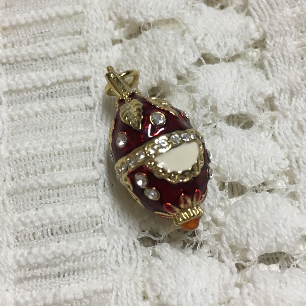 Faberge Vintage Russian Red & Gold Enamel Egg Pendant